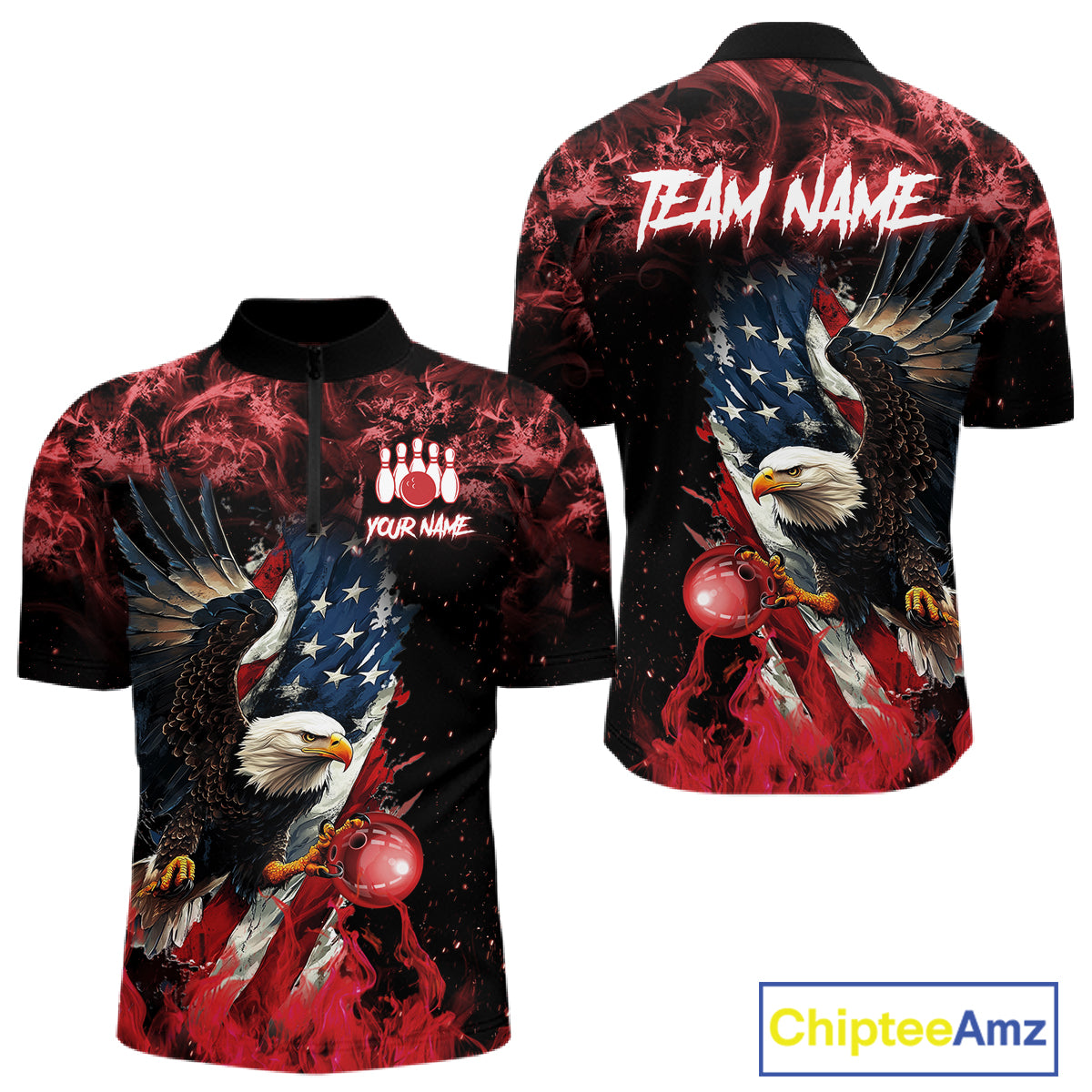 Red Flame American Flag Eagle bowling shirts for Men Custom Bowling Team Jersey, gift for Bowler NQS11556