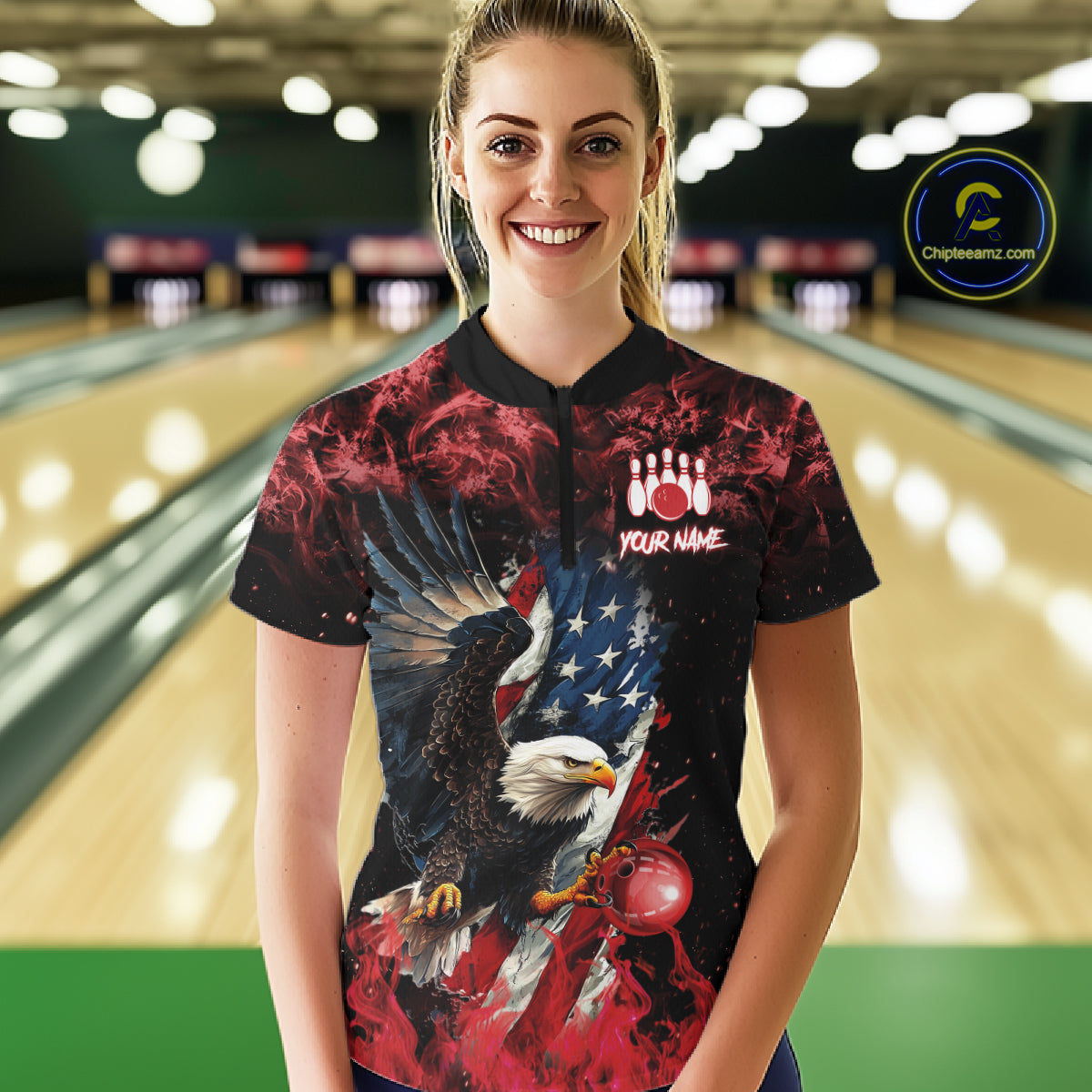 Red Flame American Flag Eagle bowling shirts for Women Custom Bowling Team Jersey, gift for Bowler NQS11556