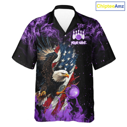 Purple Flame American Flag Eagle Bowling Hawaiian shirt Custom Bowling Team button-up shirts NQS11557