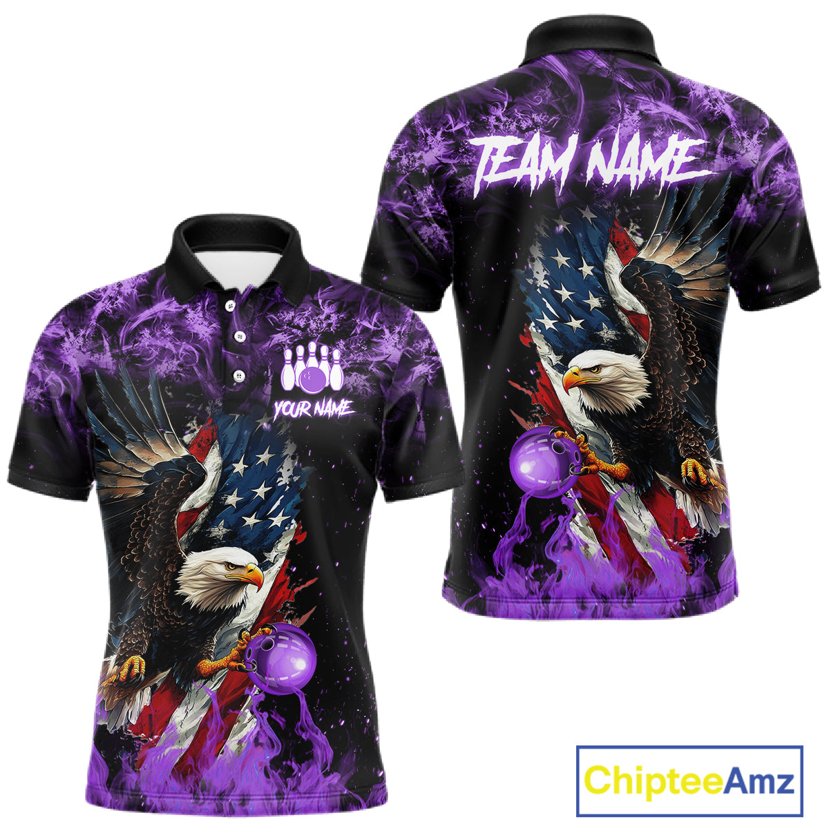 Purple Flame American Flag Eagle bowling shirts for Men Custom Bowling Team Jersey, gift for Bowler NQS11557