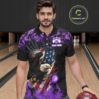 Purple Flame American Flag Eagle bowling shirts for Men Custom Bowling Team Jersey, gift for Bowler NQS11557