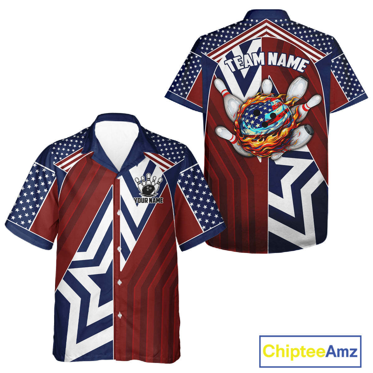 Red, White and Blue American Flag Flame Bowling Hawaiian shirt Custom patriotic Team Bowling Jersey NQS11558