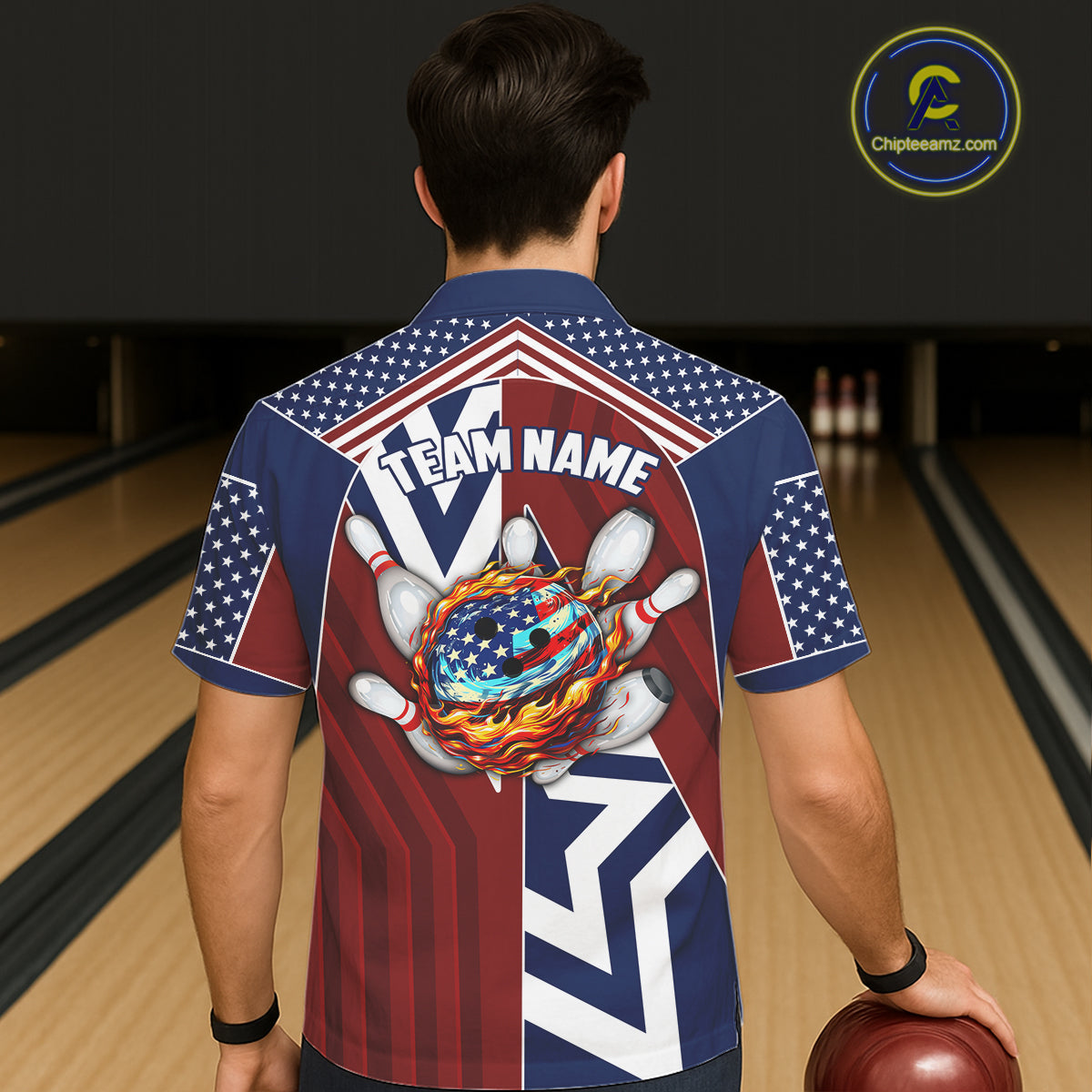 Red, White and Blue American Flag Flame Bowling Hawaiian shirt Custom patriotic Team Bowling Jersey NQS11558