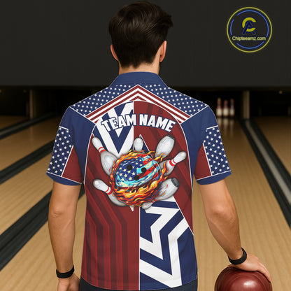 Red, White and Blue American Flag Flame Bowling Hawaiian shirt Custom patriotic Team Bowling Jersey NQS11558