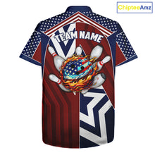 Load image into Gallery viewer, Red, White and Blue American Flag Flame Bowling Hawaiian shirt Custom patriotic Team Bowling Jersey NQS11558