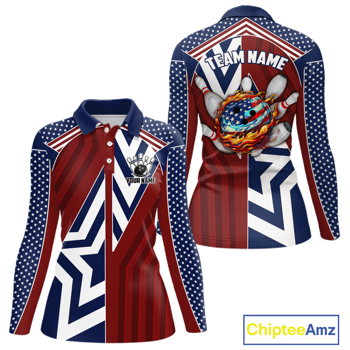 Red, White and Blue American Flag Flame Bowling shirts for Women Custom patriotic Team Bowling Jersey NQS11558