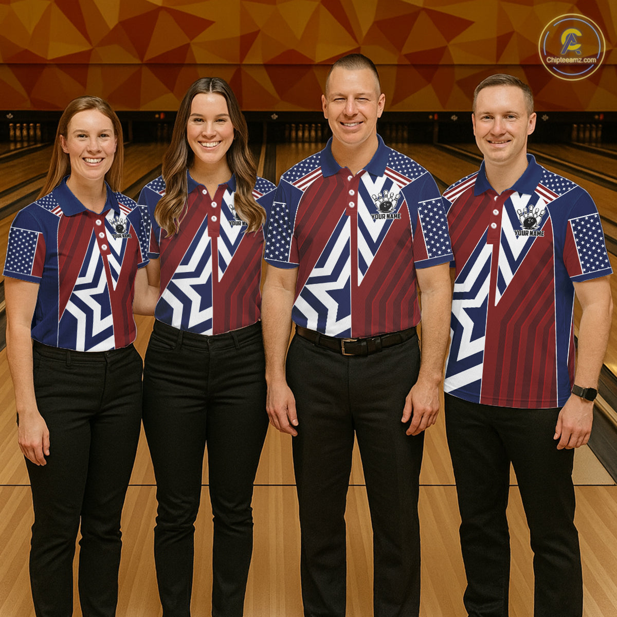 Red, White and Blue American Flag Flame Bowling shirts for Women Custom patriotic Team Bowling Jersey NQS11558