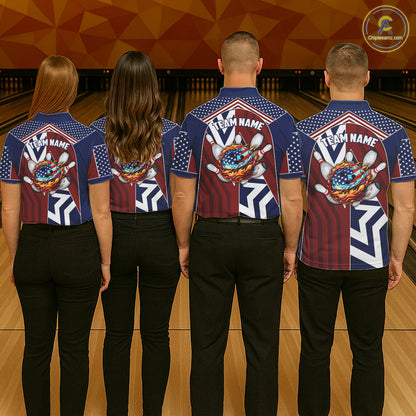 Red, White and Blue American Flag Flame Bowling shirts for Women Custom patriotic Team Bowling Jersey NQS11558