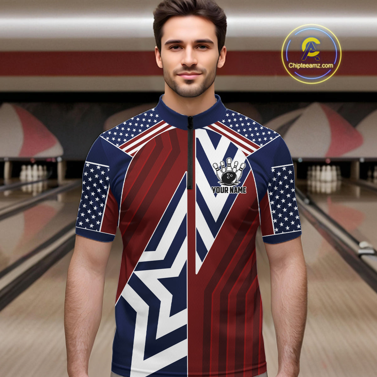 Red, White and Blue American Flag Flame Bowling shirts for Men Custom patriotic Team Bowling Jerseys NQS11558