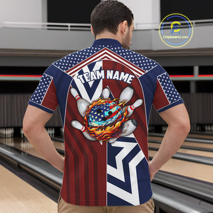 Red, White and Blue American Flag Flame Bowling shirts for Men Custom patriotic Team Bowling Jerseys NQS11558