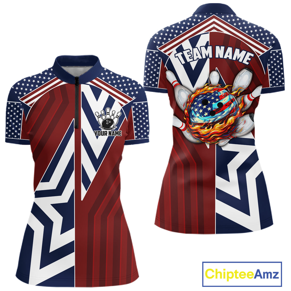 Red, White and Blue American Flag Flame Bowling shirts for Women Custom patriotic Team Bowling Jersey NQS11558