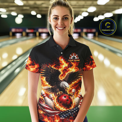 Custom Flame American Flag Eagle Bowling Shirts, Patriotic Eagle Bowling Team Jerseys For Women NQS11560