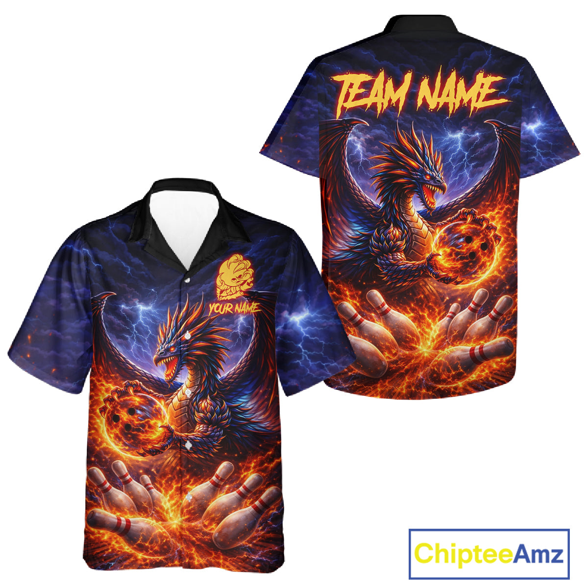 Orange and Purple Lightning Thunder Dragon Bowling Button-up Shirt Custom Dragon Team Bowling Jersey NQS11680