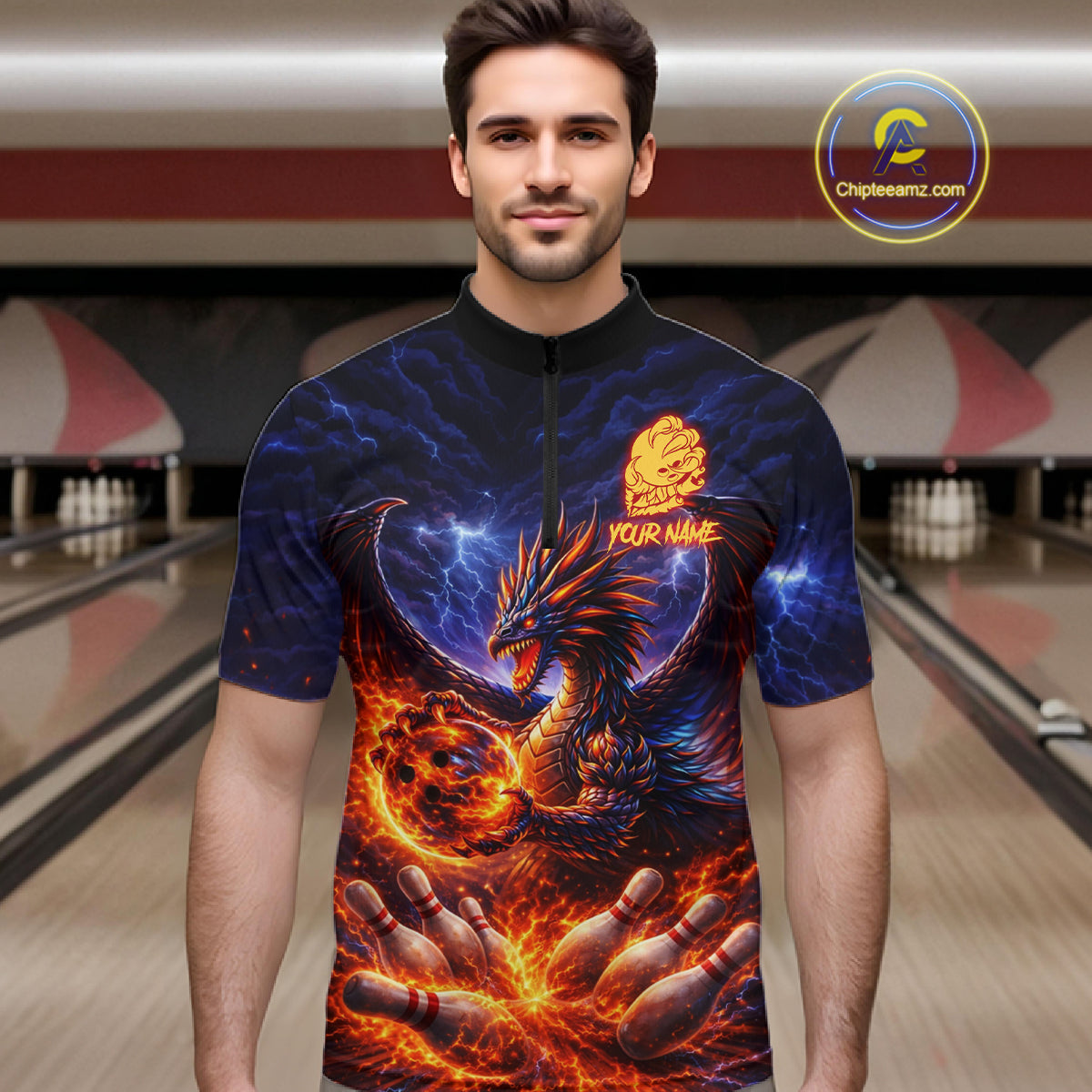 Orange and Purple Lightning Thunder Dragon Bowling Shirts for Men Custom Dragon Team Bowling Jersey NQS11680
