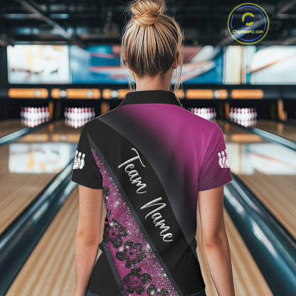 Black and Pink Glitter Flower Bowling Polo, Quarter Zip Shirt for Women Custom Bowling Team Jerseys NQS11685