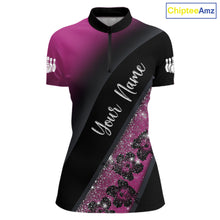 Load image into Gallery viewer, Black and Pink Glitter Flower Bowling Polo, Quarter Zip Shirt for Women Custom Bowling Team Jerseys NQS11685