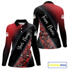 Load image into Gallery viewer, Black and Red Glitter Flower Bowling Polo, Quarter Zip Shirt for Women Custom Bowling Team Jerseys NQS11686