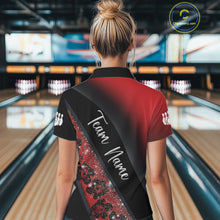 Load image into Gallery viewer, Black and Red Glitter Flower Bowling Polo, Quarter Zip Shirt for Women Custom Bowling Team Jerseys NQS11686