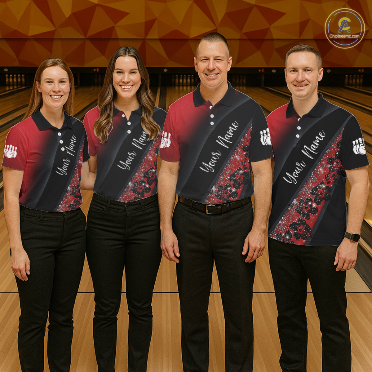 Black and Red Glitter Flower Bowling Polo, Quarter Zip Shirt for Women Custom Bowling Team Jerseys NQS11686