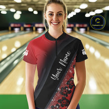 Load image into Gallery viewer, Black and Red Glitter Flower Bowling Polo, Quarter Zip Shirt for Women Custom Bowling Team Jerseys NQS11686