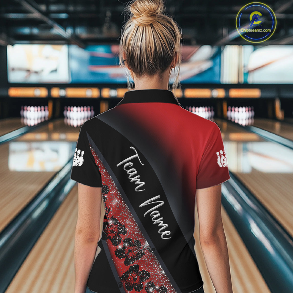 Black and Red Glitter Flower Bowling Polo, Quarter Zip Shirt for Women Custom Bowling Team Jerseys NQS11686