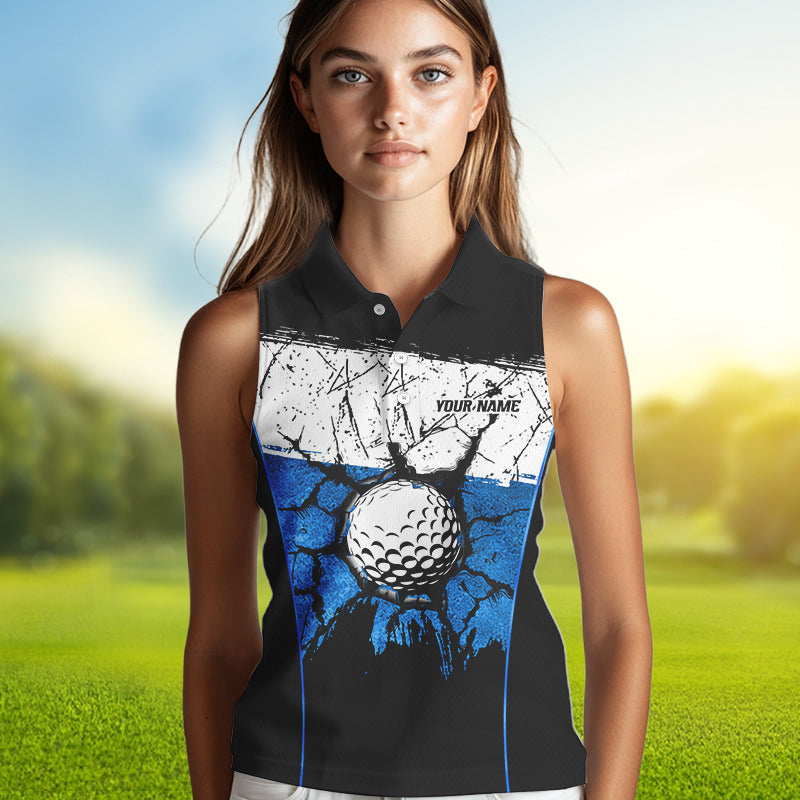 Black, White & Blue Retro broken Golf ball Women Sleeveless Polo shirt Custom Team golf outfit ladies NQS9788