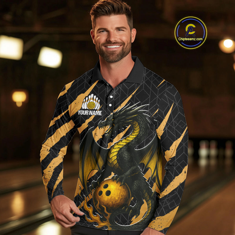 Black and Gold Dragon Bowling Polo, Quarter Zip Shirts for Men Custom Bowling Outfit Team jersey NQS10037