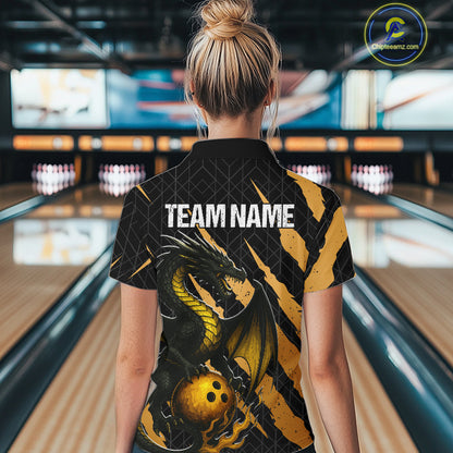 Black and Gold Dragon Bowling Polo, Quarter Zip Shirts for Women Custom Bowling Outfit Team jersey NQS10037