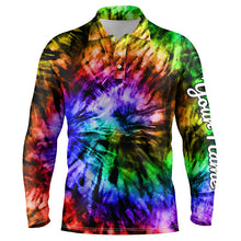 Load image into Gallery viewer, Mens golf polo shirt custom colorful rainbow black tie dye men's golf attire, best mens golf wear NQS6032