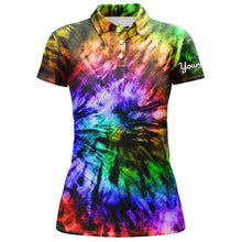Load image into Gallery viewer, Womens golf polo shirts custom colorful rainbow black tie dye women's golf attire, apparel for ladies NQS6032