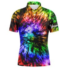 Load image into Gallery viewer, Mens golf polo shirt custom colorful rainbow black tie dye men's golf attire, best mens golf wear NQS6032