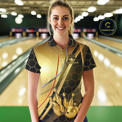 Custom Black and Gold Bowling Polo, Quarter Zip Shirts For Women, Bowling Team League Jersey NQS10346