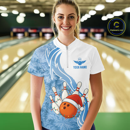White and Blue Ice pattern Christmas Bowling shirts for Women Custom Xmas Team bowling jerseys NQS10967