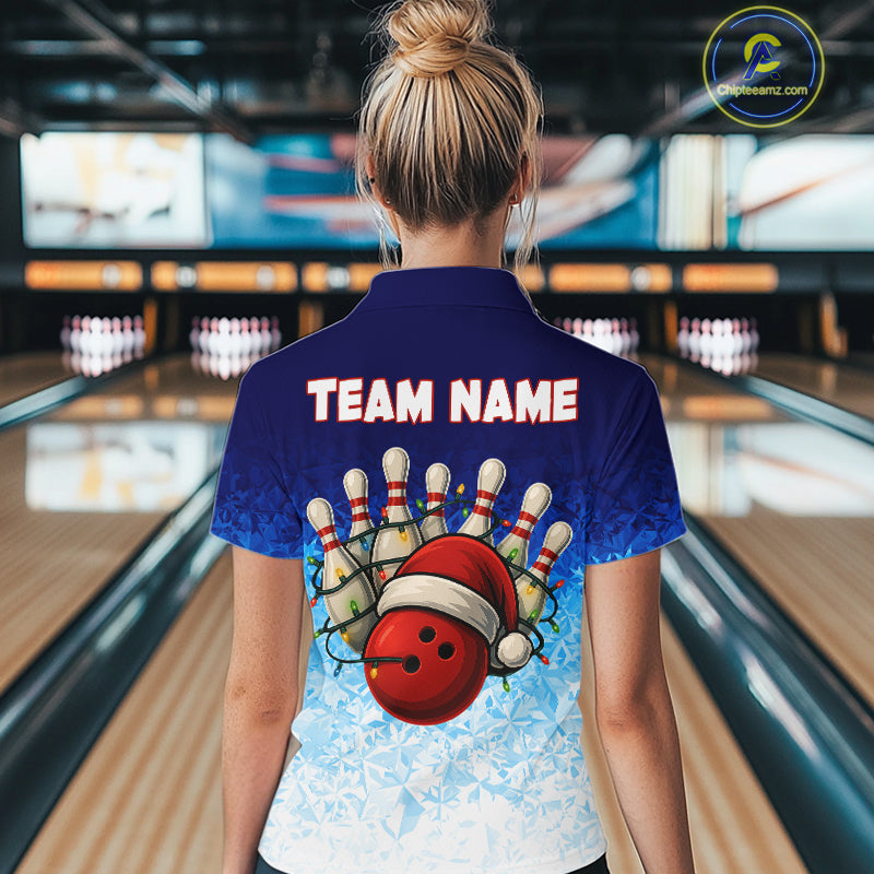 Blue Ice pattern Christmas Team Bowling Polo, Quarter Zip shirts for Women Custom Xmas bowling gifts NQS10969