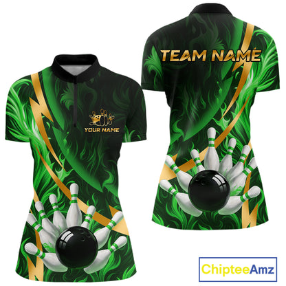 Personalized Bowling Polo, Quarter Zip Shirts for Women Custom Green Flame & Gold Bowling Team Jersey NQS11145