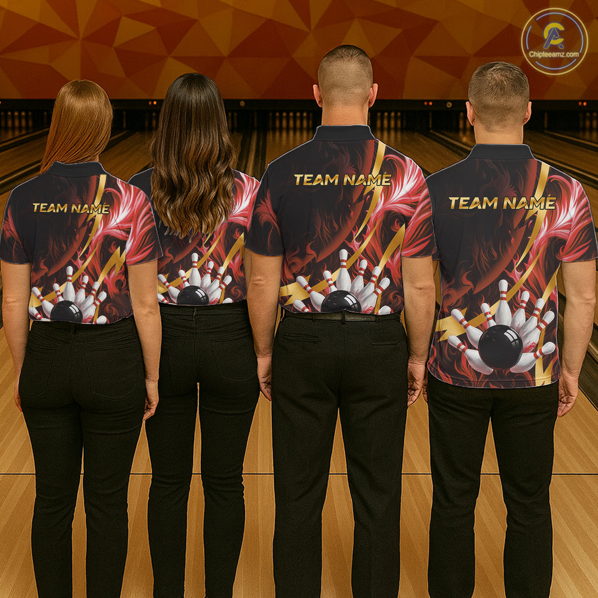 Personalized Bowling Polo, Quarter Zip Shirts for Men Custom Red Flame and Gold Bowling Team Jersey NQS11146