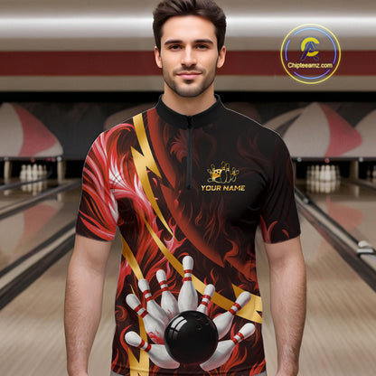 Personalized Bowling Polo, Quarter Zip Shirts for Men Custom Red Flame and Gold Bowling Team Jersey NQS11146