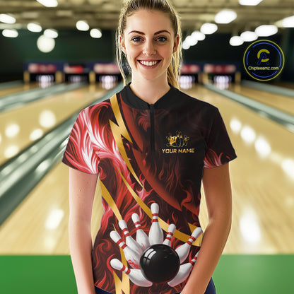 Personalized Bowling Polo, Quarter Zip Shirts for Women Custom Red Flame & Gold Bowling Team Jersey NQS11146