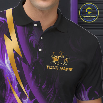 Personalized Bowling Polo, Quarter Zip Shirt for Men Custom Purple Flame and Gold Bowling Team Jersey NQS11147