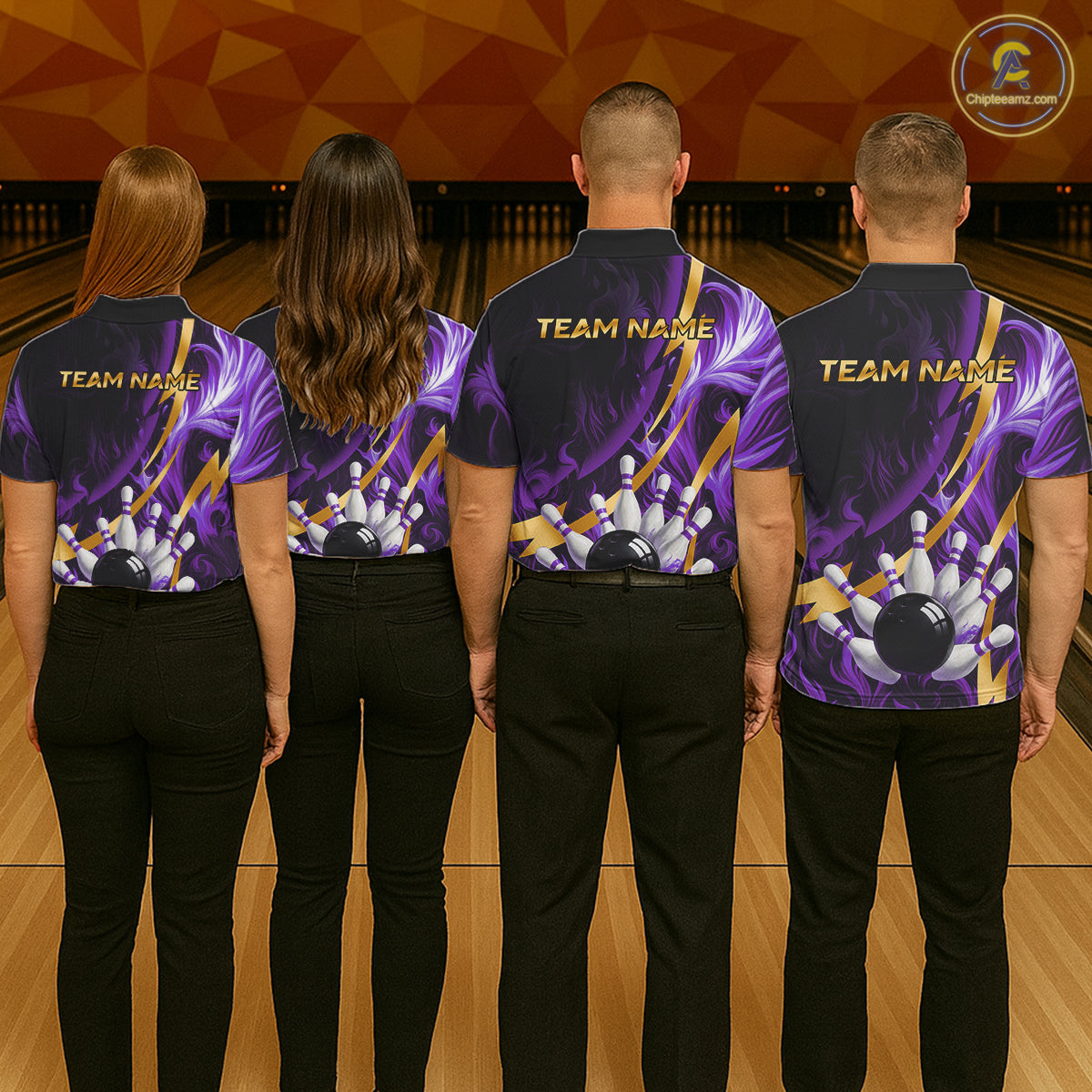 Personalized Bowling Polo, Quarter Zip Shirt for Men Custom Purple Flame and Gold Bowling Team Jersey NQS11147