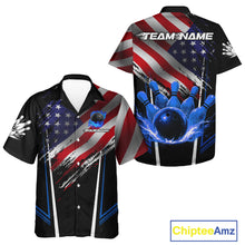 Load image into Gallery viewer, Personalized American Flag Bowling Team Hawaiian Shirt, Black and Blue Patriotic Bowling Gifts NQS11357