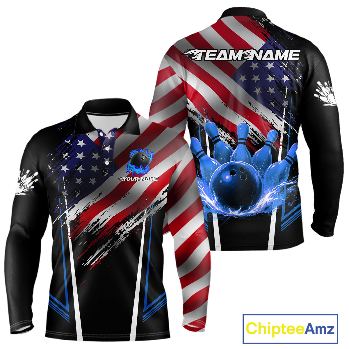 Personalized American Flag Bowling Team Shirts For Men, Black and Blue Patriotic Bowling Gifts NQS11357