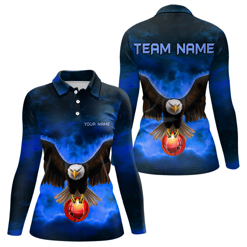 Personalized Blue Flame Eagle Custom Bowling Team Shirts For Women, Fire Eagle Bowling League Jersey NQS9614
