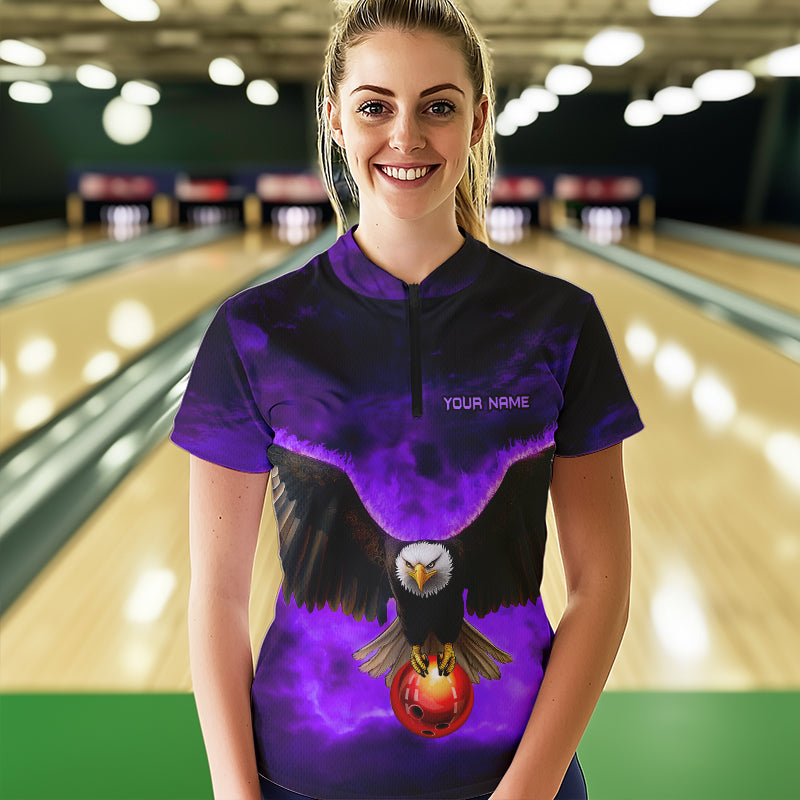 Personalized Purple Flame Eagle Custom Bowling Team Shirts For Women, Fire Eagle Bowling League Jersey NQS9615