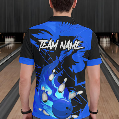 Eagle flame bowling ball and pins custom Mens Bowling Shirts, team bowling jerseys | Blue NQS9616