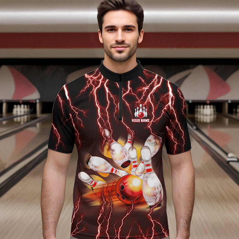 Personalized Red Lightning Thunder Bowling Shirt For Men Custom Bowling Team bowling attire for men NQS9793