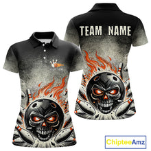 Load image into Gallery viewer, Funny Flame Skull Bowling Ball and Pins Retro Black Bowling Shirt For Women Custom Bowling Team Jersey NQS9794