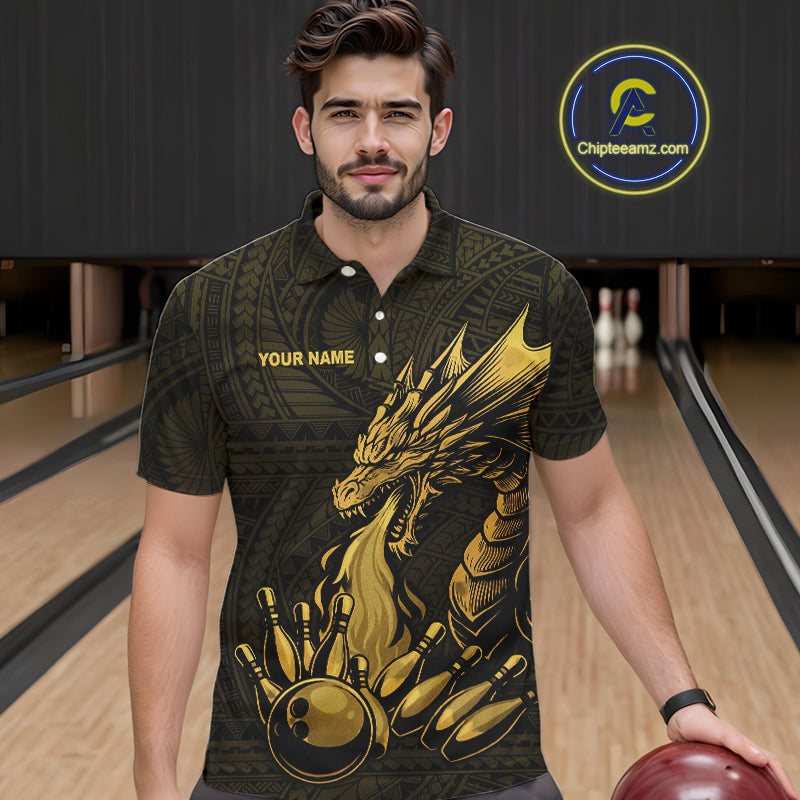 Custom Tribal pattern Gold Dragon Bowling Polo, Quarter Zip Shirt For Men, Bowling Team League Jersey NQS10349
