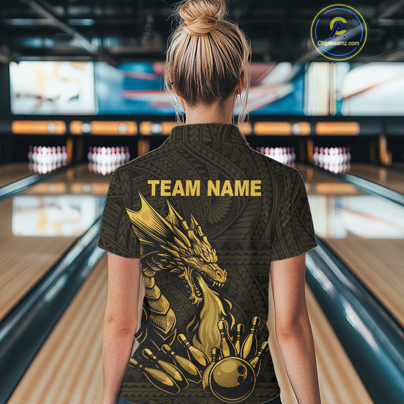 Custom Tribal pattern Gold Dragon Bowling Polo, 1/4 Zip Shirt For Women, Bowling Team League Jersey NQS10349