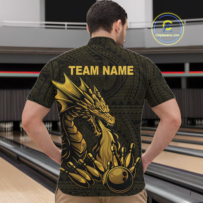 Custom Tribal pattern Gold Dragon Bowling Polo, Quarter Zip Shirt For Men, Bowling Team League Jersey NQS10349
